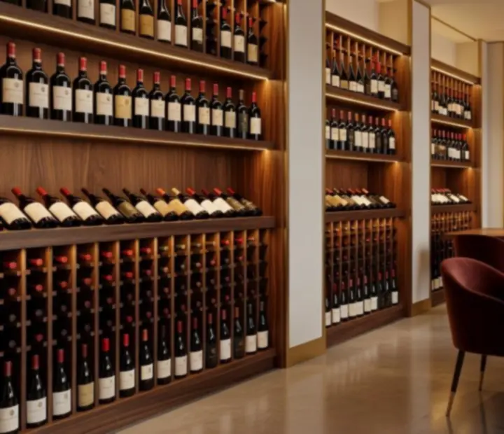 Cave à vin luxueuse de Sortie Central, bouteilles rétro-éclairées dans une niche en pierre claire