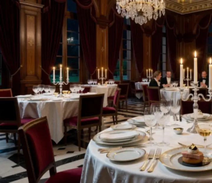 Table dressée pour un événement gastronomique exclusif avec vaisselle raffinée et verres à vin illuminés par une lumière tamisée.