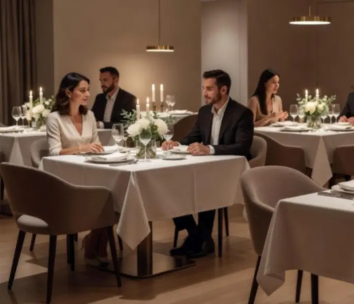 Salle de restaurant élégante avec tables dressées et lumière tamisée