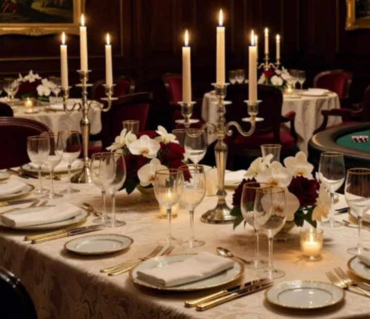 Table de réception privée dressée avec vaisselle raffinée et bougies
