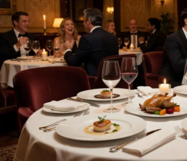 Ambiance de dîner gastronomique avec service du vin et convives élégants