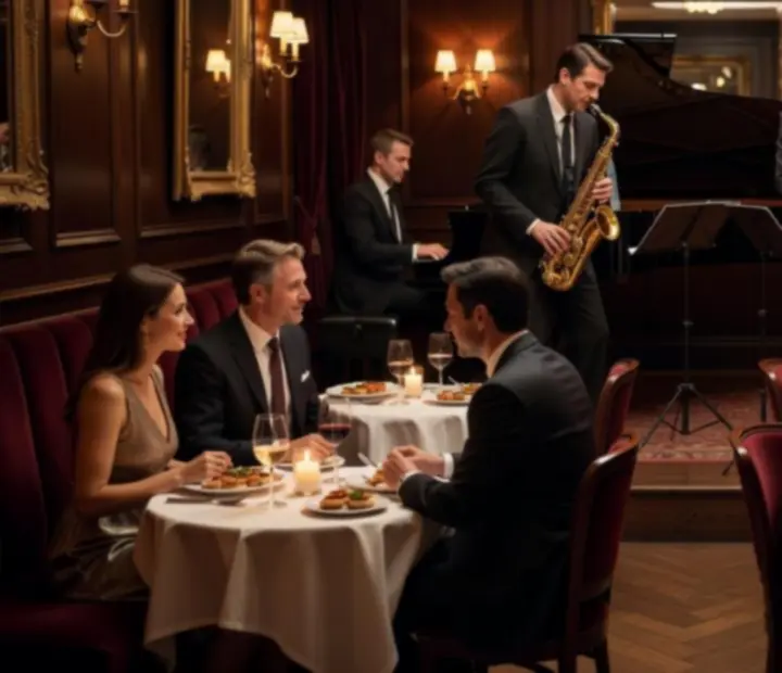 Musiciens en live jouant dans une salle de restaurant élégante pendant un dîner événementiel.