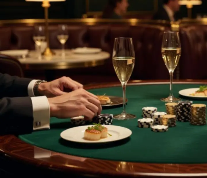 Ambiance de poker dans un restaurant français avec chandeliers, nappes blanches et invités élégants