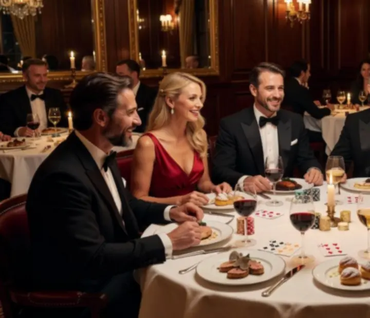 Salon de restaurant élégant avec table de poker, verrerie et lumière tamisée