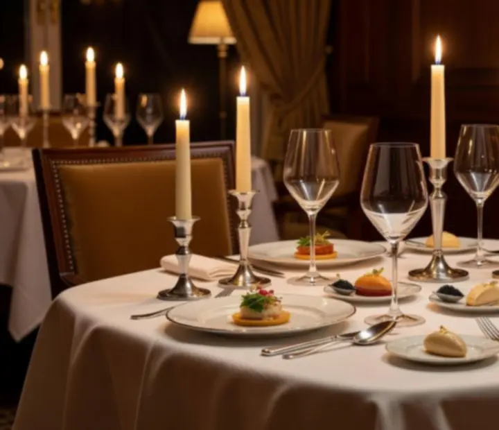 Table privée dressée avec champagne dans un salon élégant.