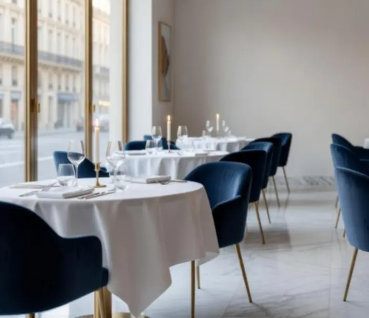 Salle de restaurant élégante, nappes blanches et lumière tamisée chez Sortie Central