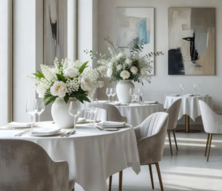 Salle à manger lumineuse avec décor floral et ambiance raffinée