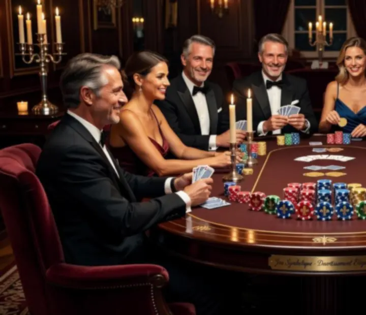 Ambiance de soirée poker raffinée avec table élégante, cartes, jetons symboliques et invités en tenue de soirée.