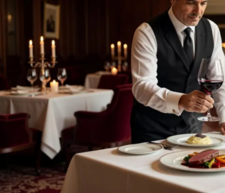 Sommelier servant un verre de vin pour accompagner un plat gastronomique