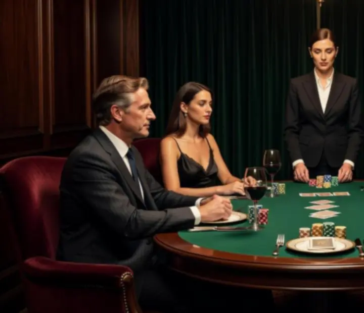 Table de poker privatisée avec cartes, jetons symboliques et service de vin